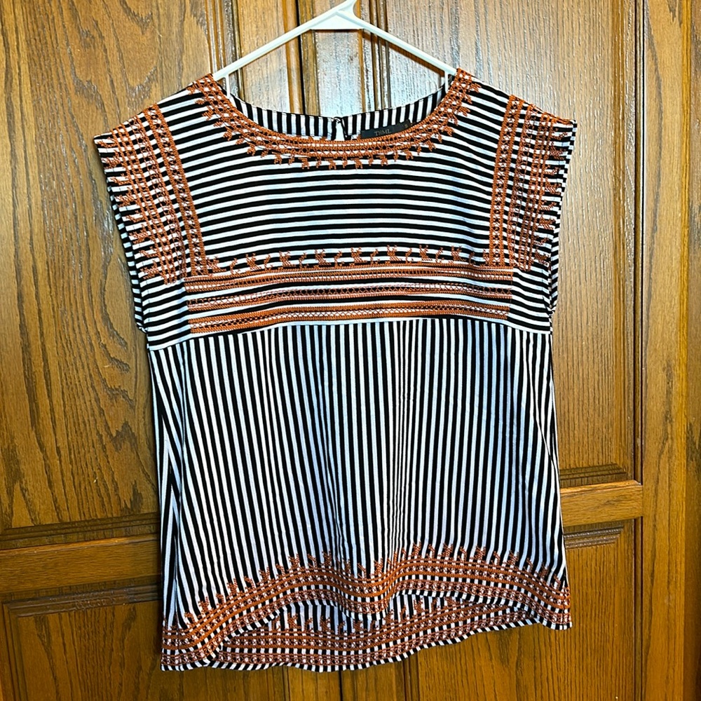 Striped Black & White Tank with Rust Embroidery